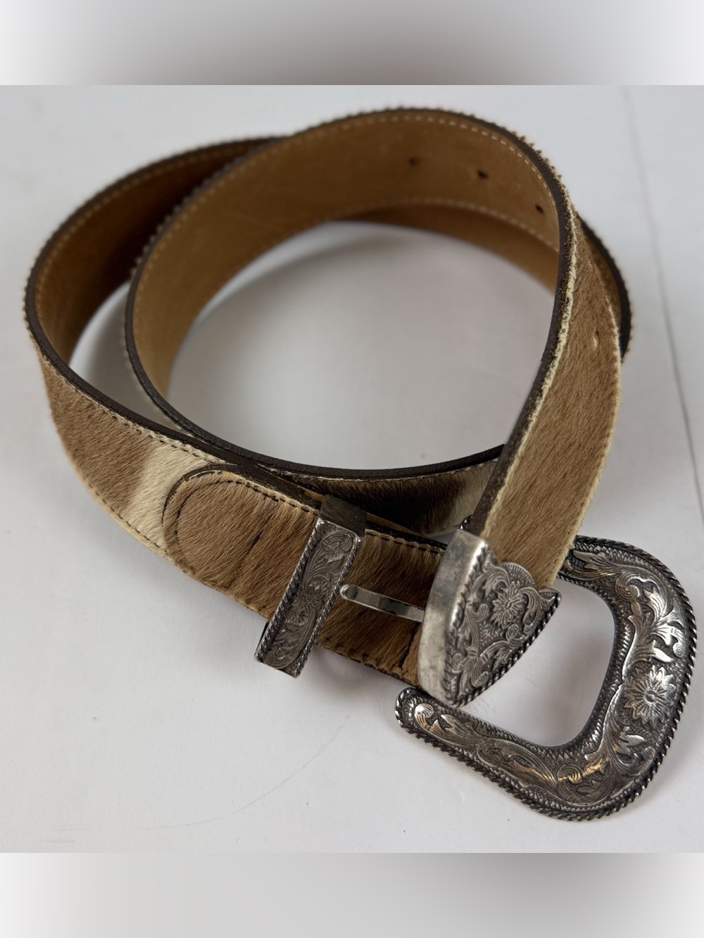 Another Line Inc Tan Calfhair Belt with Silver Buckle Western Southwest size 32